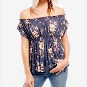 Free People Navy Blue Floral Off-Shoulder Smocked Top